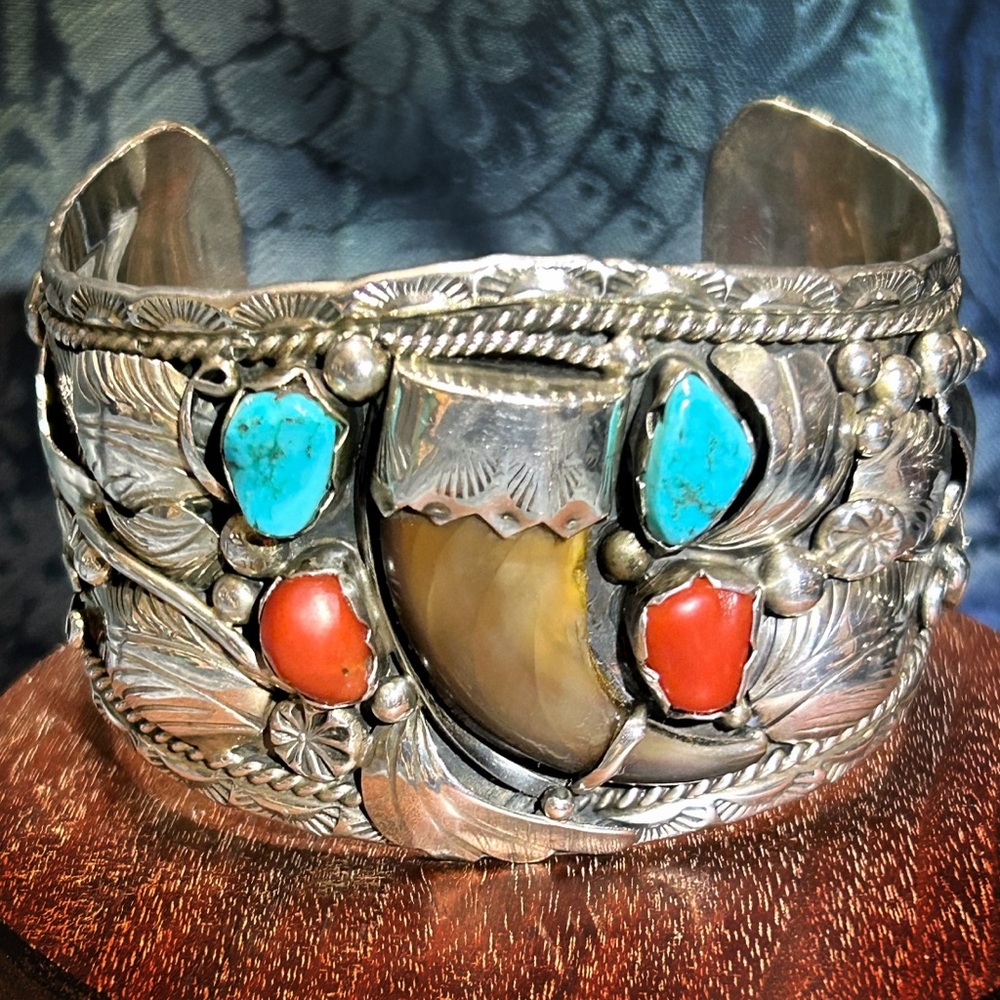 SIGNED BENSON SAM FOR ATKINSON TRADING CO STERLING CUFF BLACKBEAR CLAW TURQUOISE